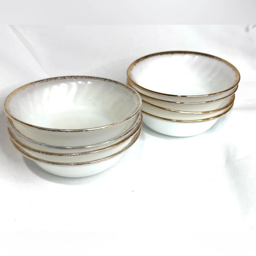 Vintage Fire-King Milk Glass Berry Bowls Set of 8 Gold Trim Swirl USA